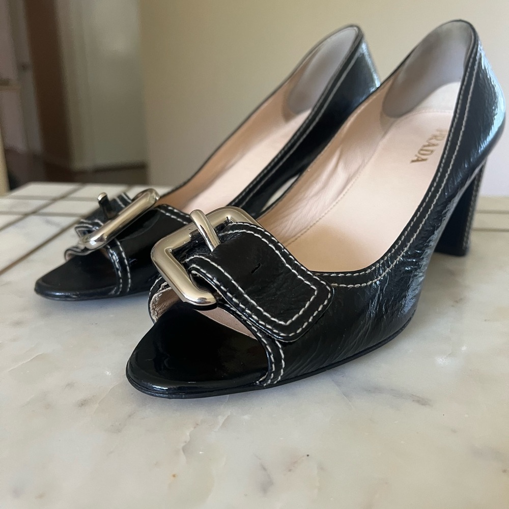 Prada patent peep toe heels